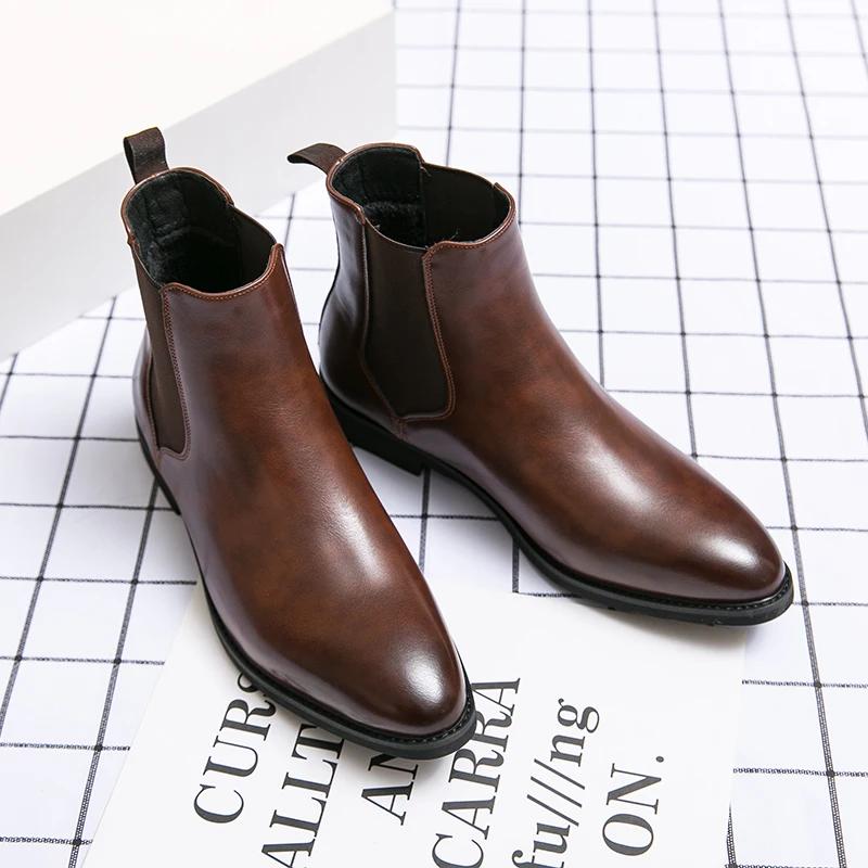 2024 New Chelsea Boots Men Shoes PU Brown Fashion Versatile Business Casual British Style Street Party Wear Classic Ankle Boots