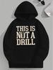 Plus Size Graphic Hoodie with "THIS IS NOT A DRILL" Hammer Print - Black Relaxed Fit Casual Pullover