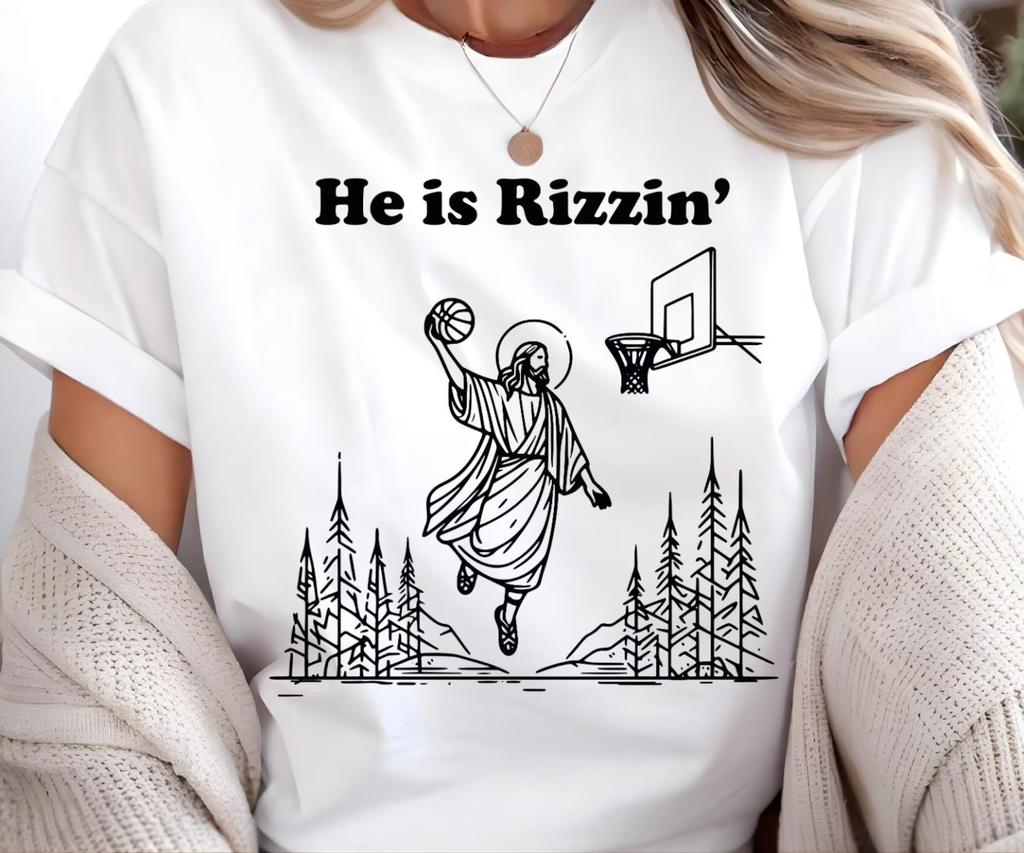 He Is Rizzin Jesus Basketball T-Shirt Funny Christian Easter Graphic Meme Tee