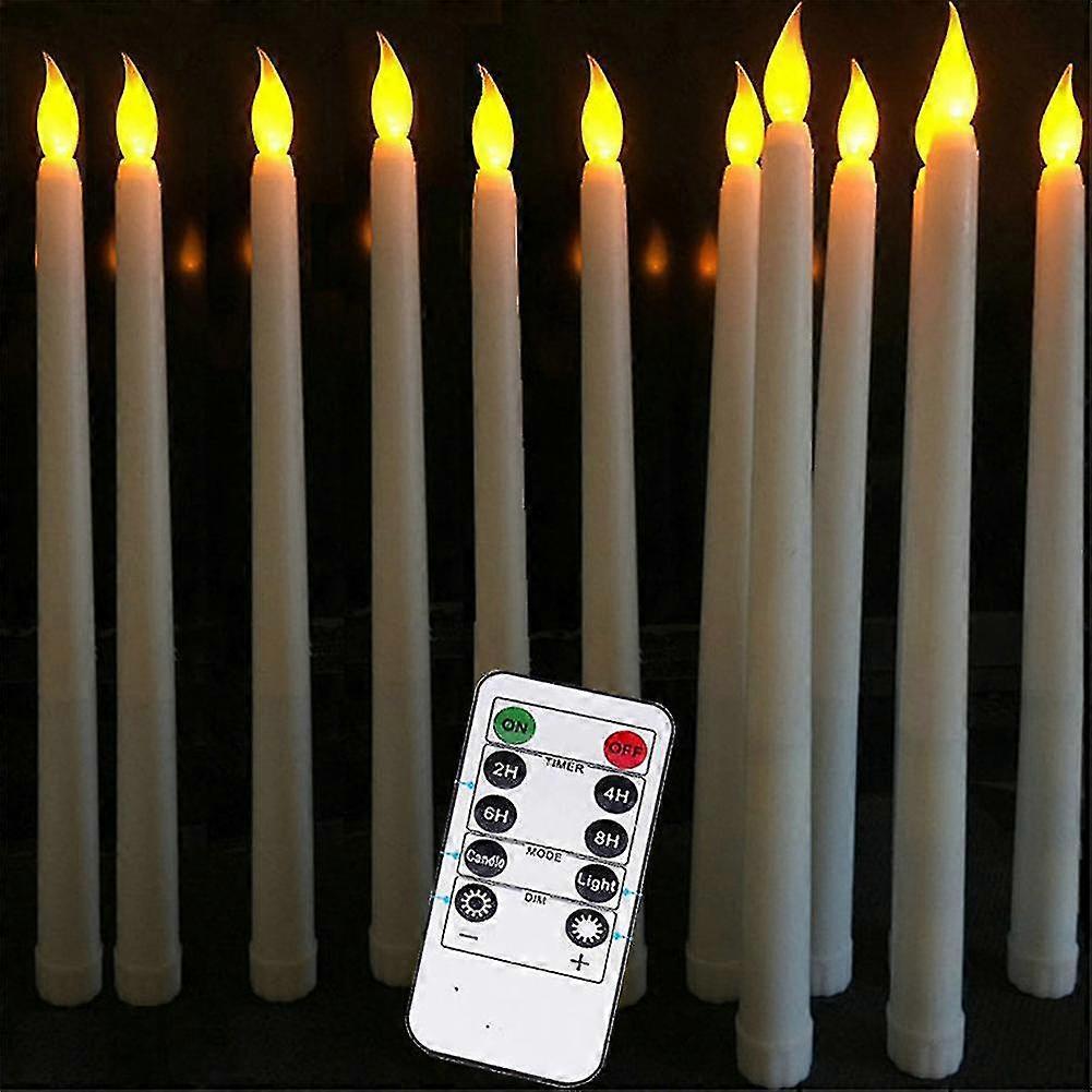 Set Of 10 Battery Operated Led Taper Candles With Remote, Ivory Dining Candles Smooth Wax Finish, Warm White Led-Good