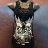 Women Summer T-shirt V-Neck Lace-up Adjustable Straps Sleeveless T-Shirt Letter Skull Printing Slim Fit Punk Style Pullover Tops