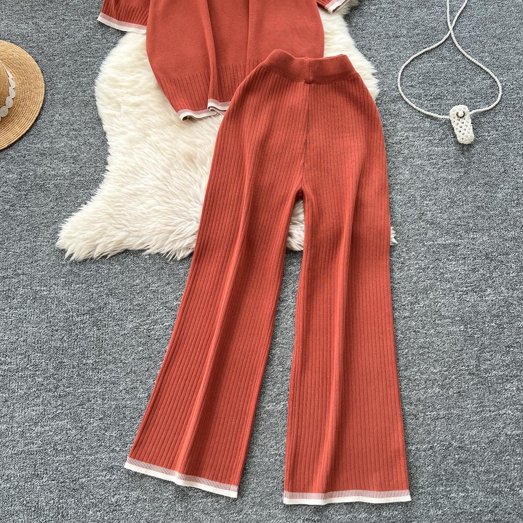 Летний женский трикотажный свитер, брюки, комплект из двух предметов, женский свитер с коротким рукавом, топ и брюки длиной до щиколотки, спортивный костюм