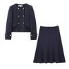 European & American Style Double-Breasted Wool Blend Short Blazer Cape with Midi Skirt