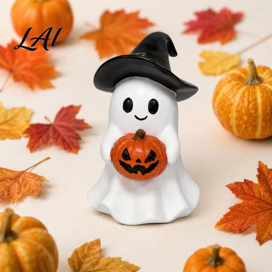 Gift for Halloween Lovers Ghost Figurine Cute Resin Holding Pumpkin Unique Seasonal Ornament Statue Desk Tabletop Indoor Home Decor Warm Glow