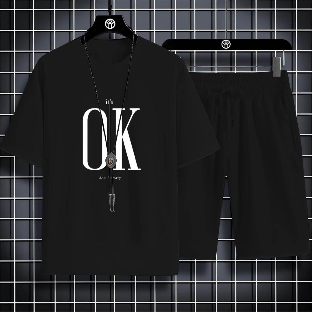 Four Seasons New Outdoor Sports Style 2d Letter Ok Printed Men'S O-Collar Comfortable Breathable Casual T-Shirt Set Quick Drying