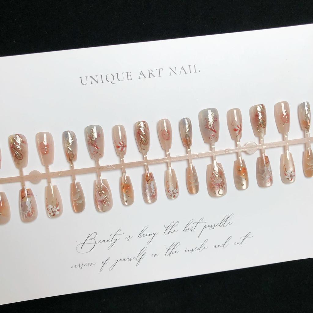 Chinese Style 3D Gilded Elk Handmade Nail Art Patches - Set of 30 Luxurious Wearable Nails