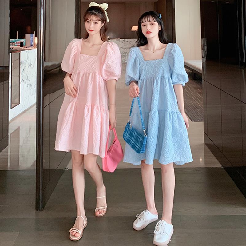2023 Summer French Puff Sleeve A-Line Square Neck Dress for Women