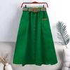 Cotton Midi Skirt With Belt Women Single -Breasted Large Pockets High Waist A -Line Skirt Autumn Summer Korean Fashion Long Skirt