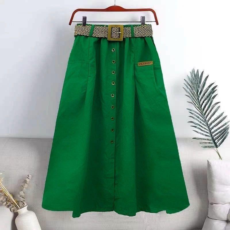 Cotton Midi Skirt With Belt Women Single -Breasted Large Pockets High Waist A -Line Skirt Autumn Summer Korean Fashion Long Skirt