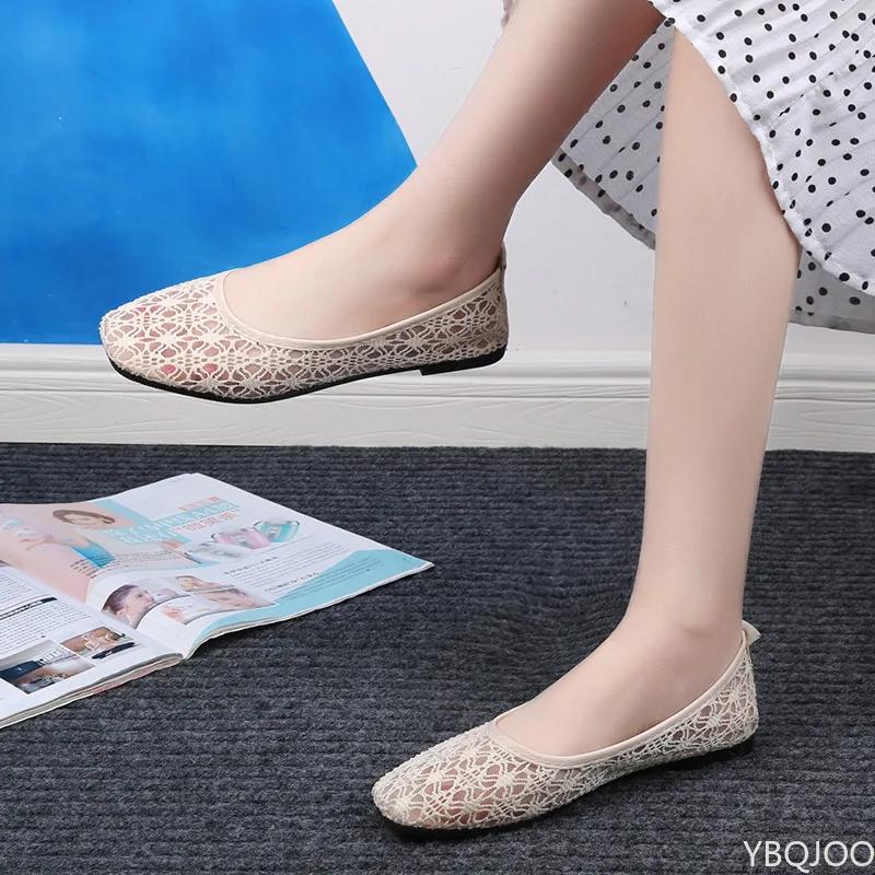 Женские прозрачные кружевные мягкие туфли на плоской подошве, женские пикантные черные туфли-лодочки с квадратным носком, летние дышащие бежевые нескользящие туфли на плоской подошве, размеры 35-40