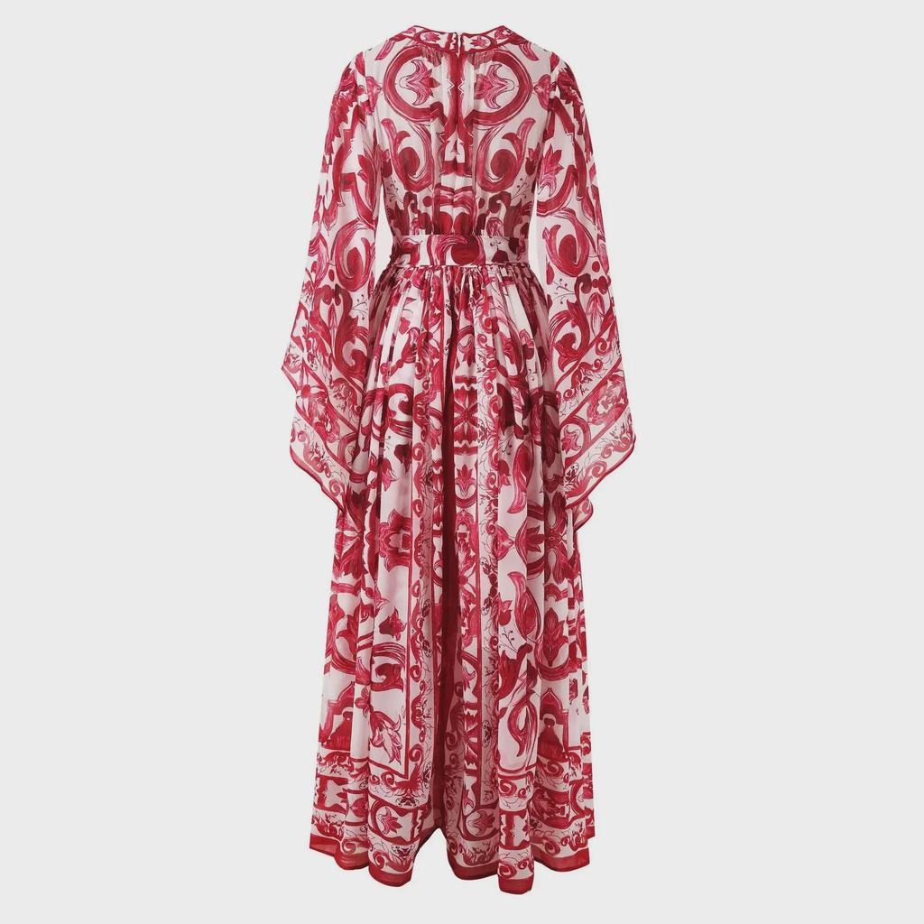 European & American Women's Chiffon Silk V-Neck Floral Print Maxi Dress