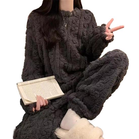 Женский флисовый пижамный комплект Мягкий пушистый пуловер В рубчик Комплект из двух предметов для сна Зимняя пушистая шерпа Пижама Домашний комплект