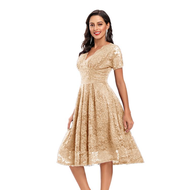 Женское кружевное платье миди с V-образным вырезом и короткими рукавами, приталенное по талии, для выпускного вечера, подружки невесты, гостя на свадьбе, вечеринки, коктейля, вечернего мероприятия