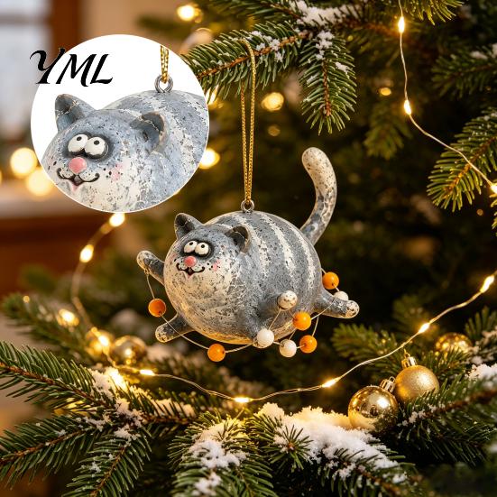 Vintage Style Acrylic Decor Flying Chubby Cat Ornament, 2D Kitten Hanging Pendant with Blue Whimsical Bag Charm Stripe Design, Cute Car Mirror
