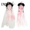 Halloween Ghost Bride Costume Gothic Flower Headband with Veil, Spooky Black Rose Dead Branch Skull Headpiece, Witch Hair Band Day of The Bridal Veil