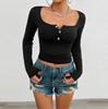 Women's Sexy Summer Scoop Neck Long Sleeve T-Shirts Button Down Slim Fitted Casual Basic Top