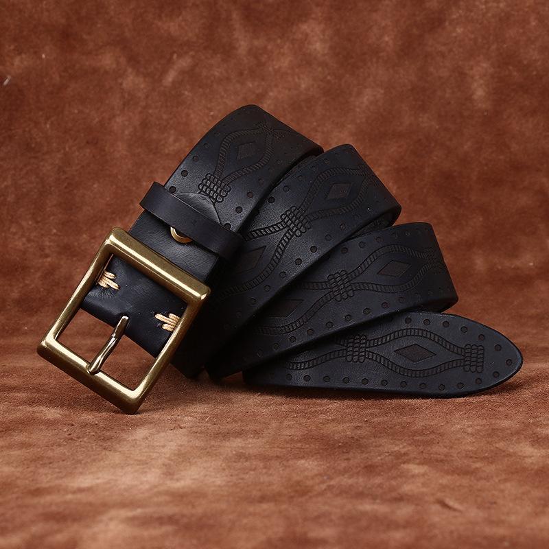 Ретро Персональность Тренд Тисненый Утолщенный Первый Слой Коровья Кожа Ремень Мужской Натуральная Кожа Медная Пряжка Повседневный Джинсовый Ремень Мужской