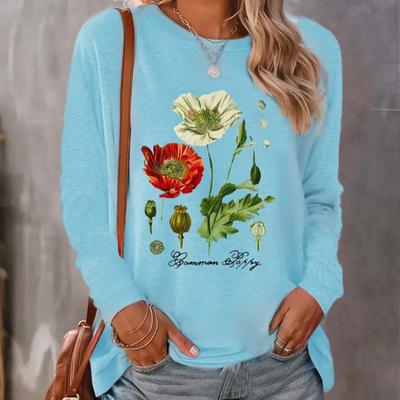 Топы для женщин с принтом гигантских цветущих растений, круглый вырез, длинный рукав, футболка, осенний повседневный тонкий пуловер, женский топ с длинным рукавом
