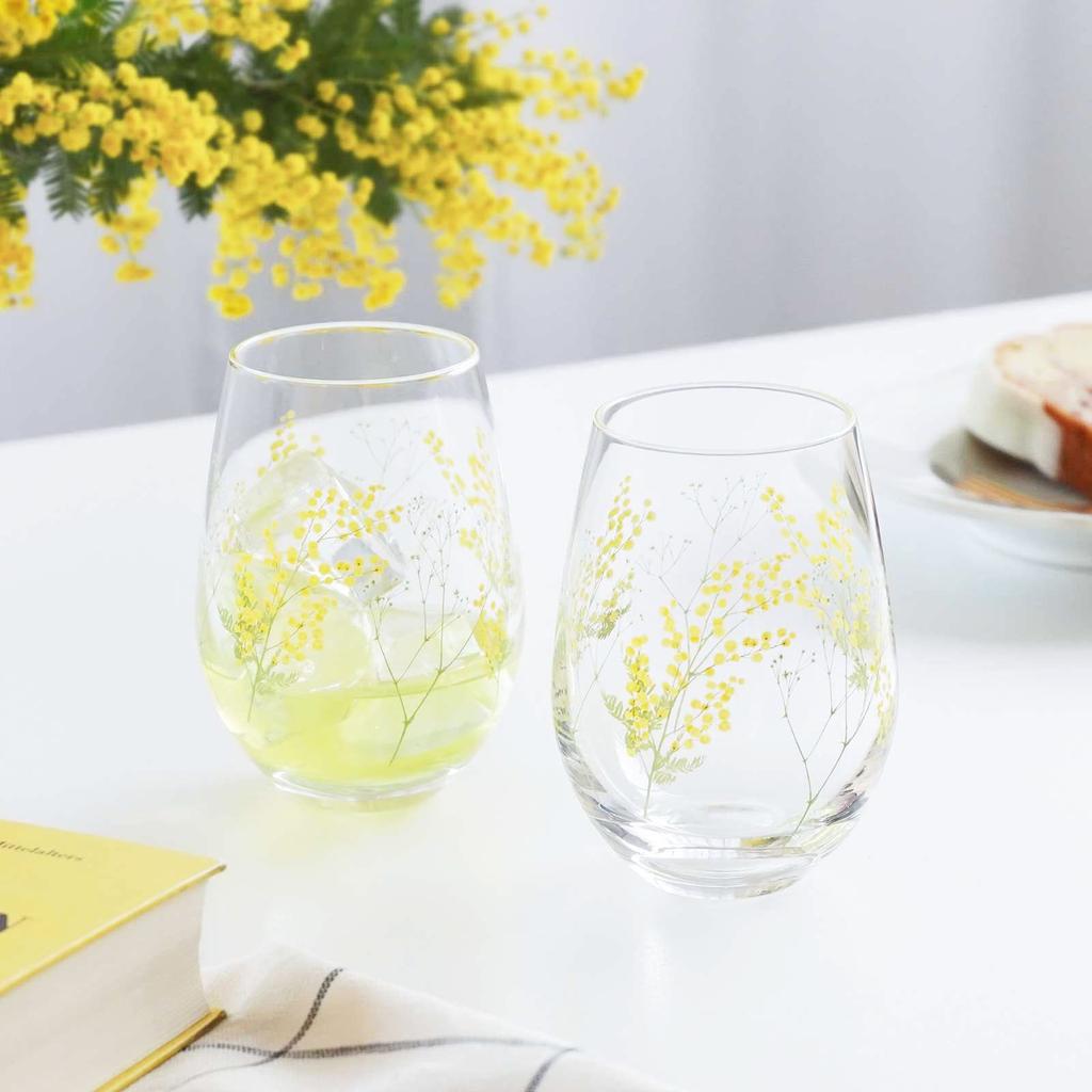 Стеклянный стакан Toyo Sasaki с цветочным узором Hanafumi 360 мл, набор из 2 пар с узором Mimosa и узором Gypsophila, изготовлен в Японии, можно мыть в посудомоечной машине, прозрачный