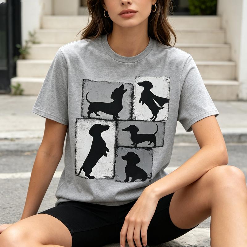 Vintage Dachshund Silhouette Tee Unisex Black White Dog Art Casual Short Sleeve Shirt for Daily Wear Cotton Y2k Top Harajuku
