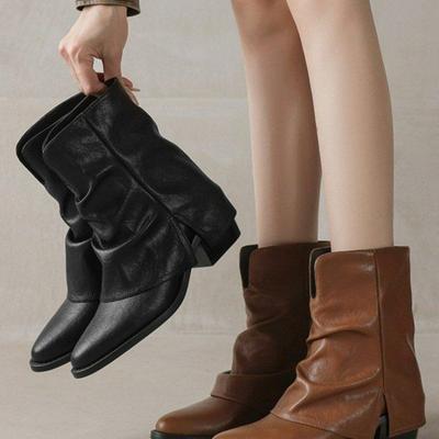 Платформа Женские сапоги в стиле вестерн ковбойские сапоги Модные короткие сапоги без застежек Новые осенне-зимние женские туфли на толстом каблуке botas de mujer