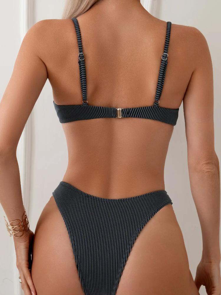 2025 New Women's Underwire Bikini Set,solid Color 2-piece Pit Striped Swimsuit,Fashion Sexy V-neck Bathing Suit with Chest Pad