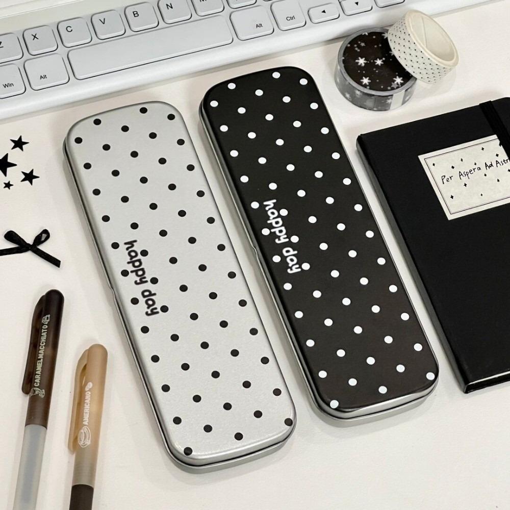 Sturdy Slim Stationery Organizer Polka Dot Flip Top Stationery Box Metal Pencil Case Students