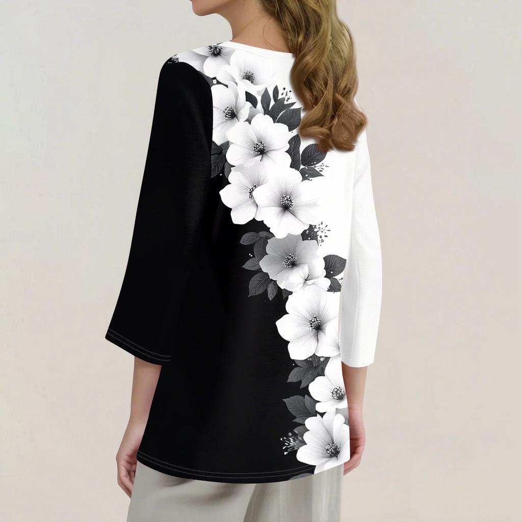 Жен. Футболка С принтом Пуговицы Рукав 3/4 Повседневные Выходные Мода Классический Классический V-образный вырез Обычный Верх