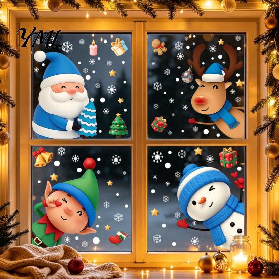 Santa Claus Wall Stickers Christmas Window Static Cling, Santa/Reindeer/Snowmen/Elves Print, Waterproof Festive Home Decor for Glass PVC Decal Windows