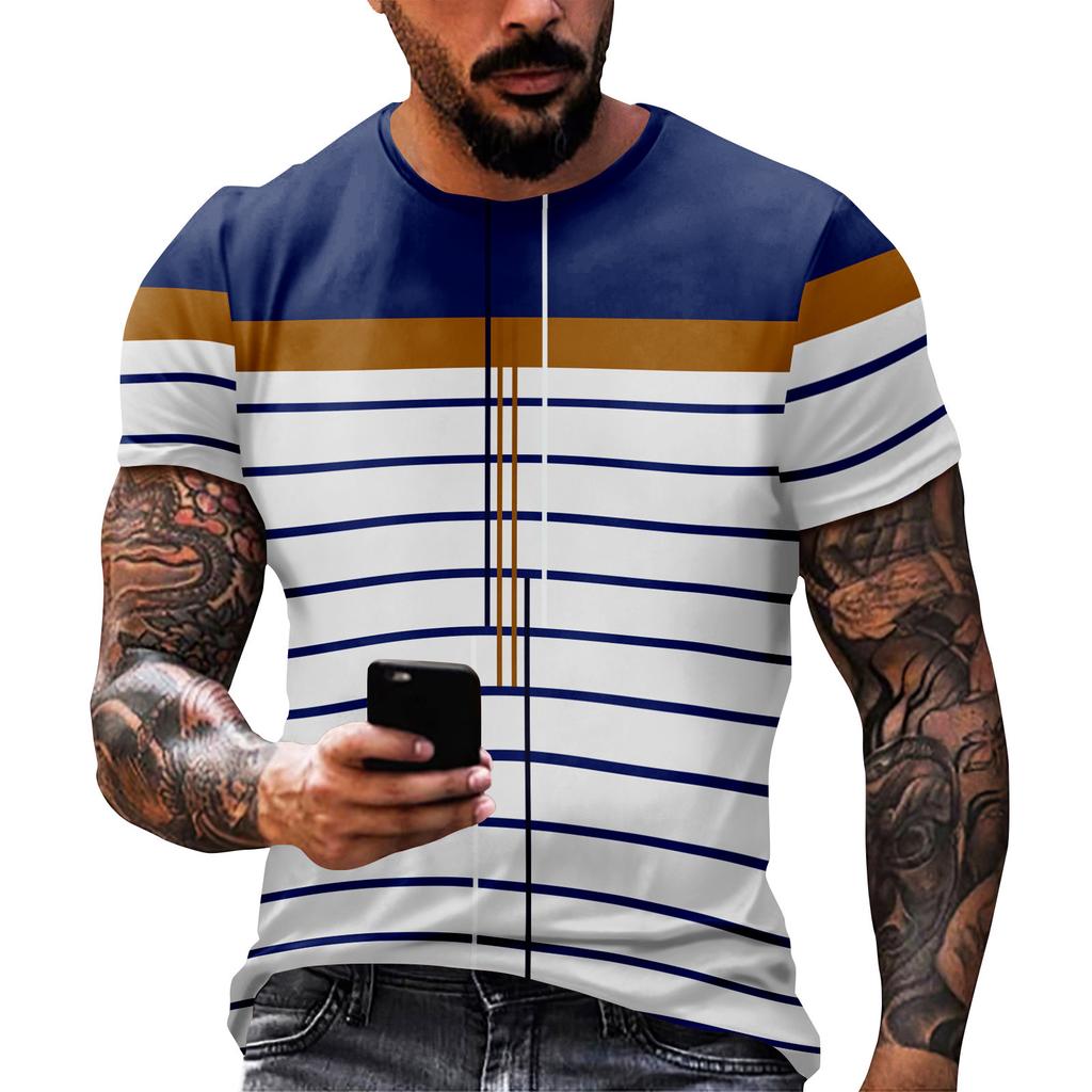 Модный полосатый принт - мужская повседневная футболка с круглым вырезом и короткими рукавами