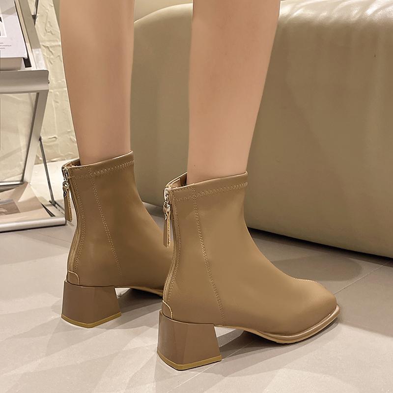Модные женские ботинки с квадратной головкой, толстая подошва, для улицы, однотонные, весна-осень 2024, женские ботильоны с молнией сзади, Botines De Mujer