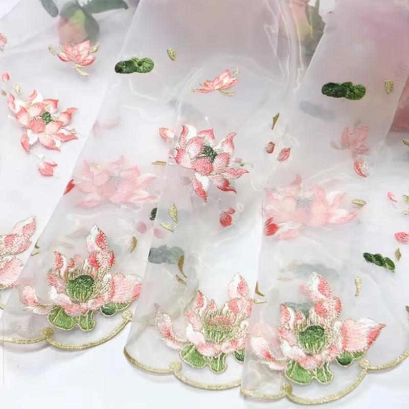 50X45 см Вышитая Тюлевая Ткань Лист Лотоса Шифоновая Ткань для Шитья Китайский Стиль Ханфу Платье Края Кружевная Ткань Органза