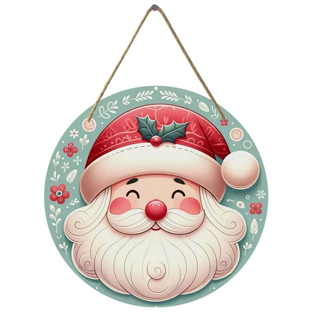 Cute Santa Claus pattern festive round wooden hanging plaque natural wood door sign wall decor xmas holiday party home decoration