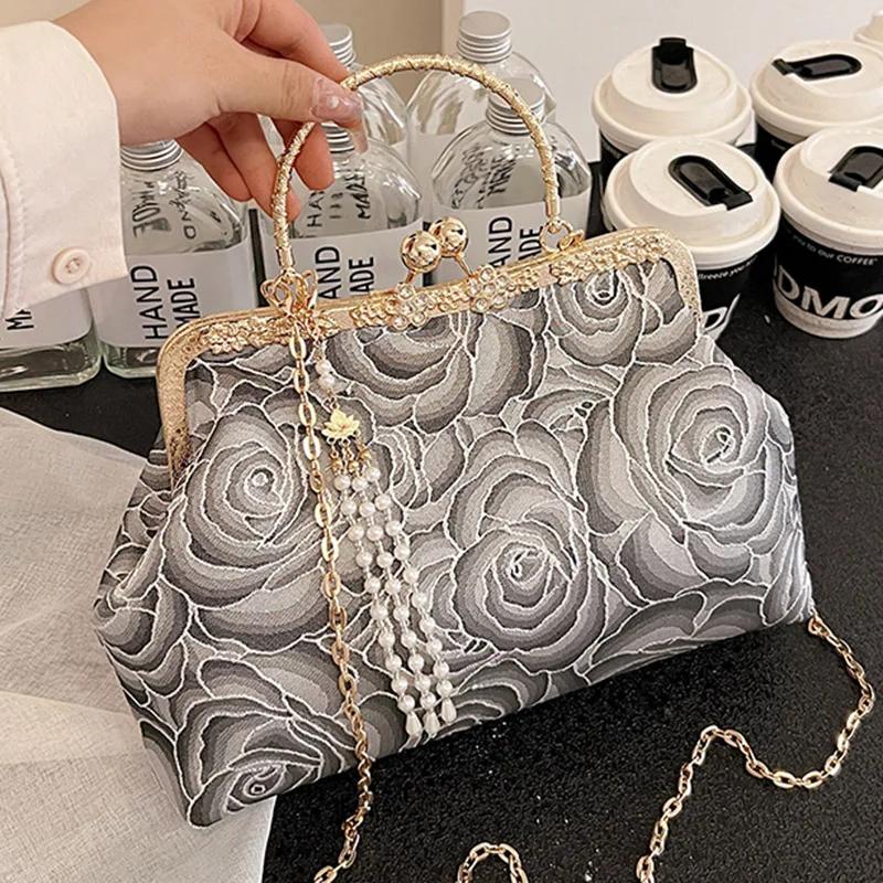 Красная роза цепочка сумки на плечо для женщин кисточки ракушки клип сумки свадебный клатч цветы бисер сумки мессенджер дизайнер