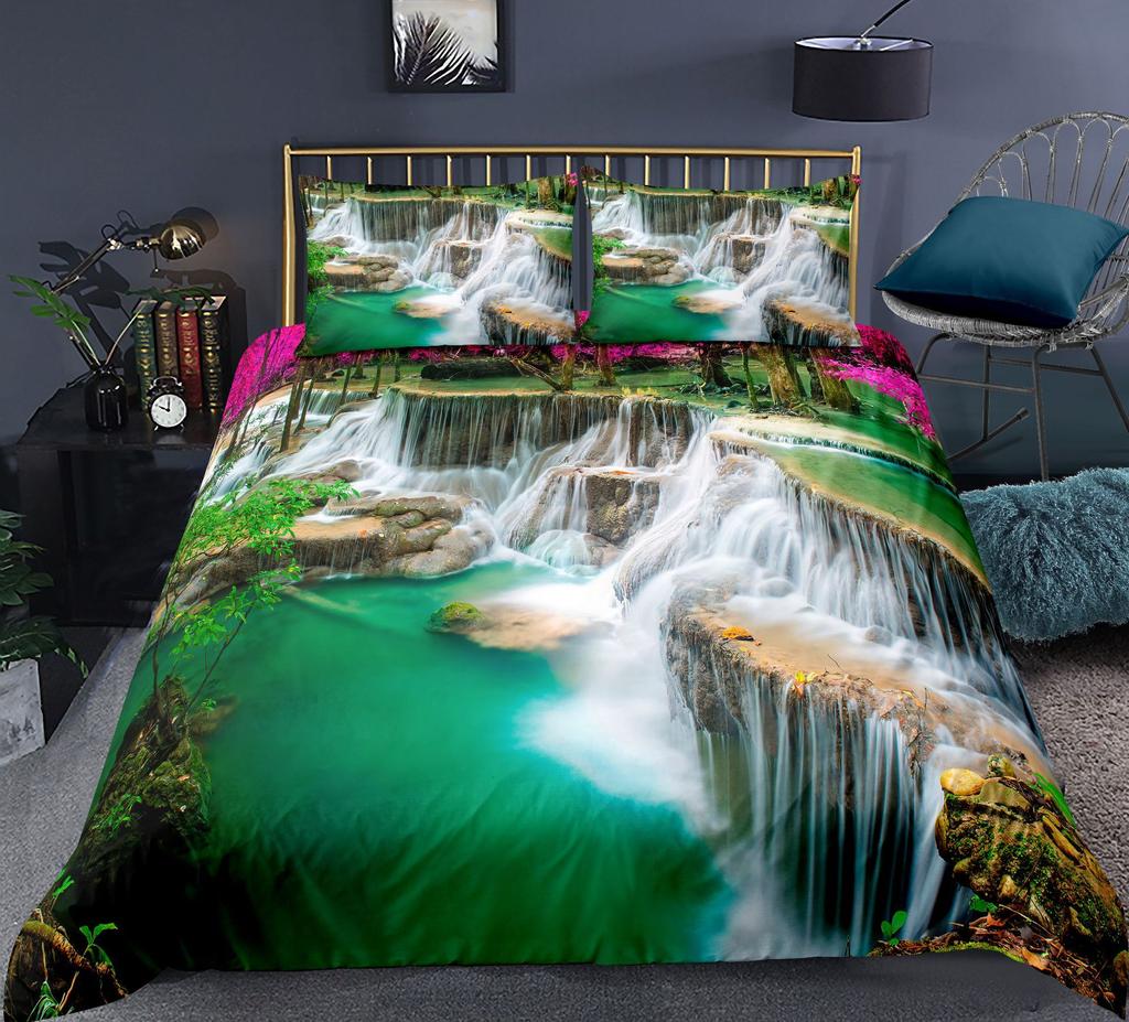 Комплект пододеяльников Nature Waterfall Flowing Down The Rocks Cascade Valley Image Декоративный комплект постельного белья из полиэстера с наволочкой