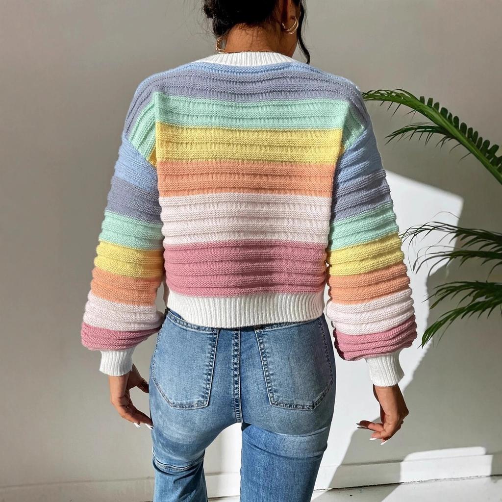 Autumn Winter Rainbow Stripes Knitted Sweaters Lantern Sleeve Loose Jumper Crop Tops Women Sweater Pullover Ladies Casual Shirts