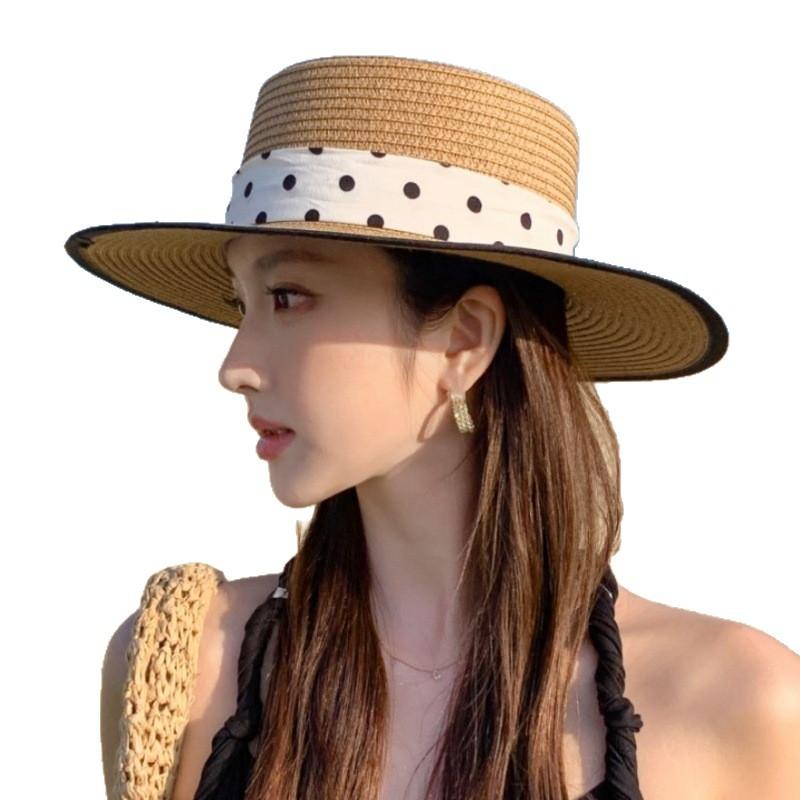 Seaside holiday wind woven hat female high sense Hepburn wind polka dot straw hat casual versatile film hat female