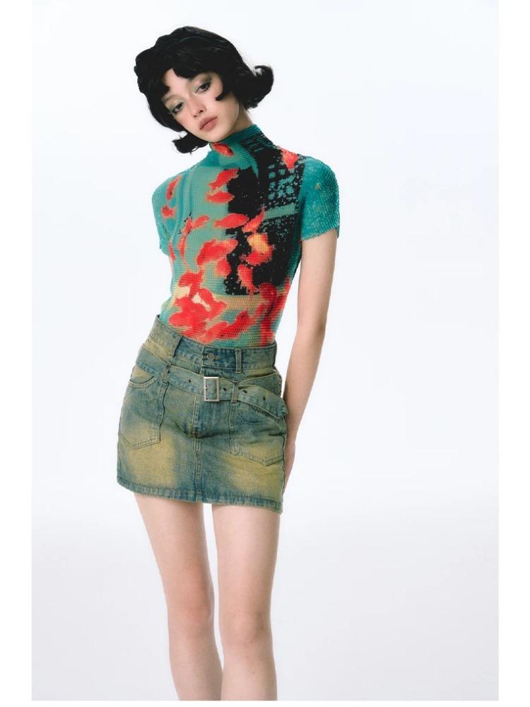 Женские облегающие футболки с коротким рукавом, футболки с принтом тай-дай, эластичные укороченные топы Goblin Core 2000-х годов, кокетка Gyaru Aesthetic Kpop Kawaii Summer