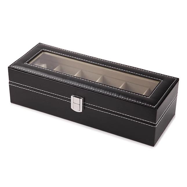 6 слотов из искусственной кожи, коробка для часов, органайзер, витрина, держатель для мужчин и женщин, стеклянное хранилище ювелирных изделий, черный подарок
