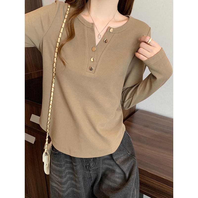 V Neck Chic Slightly Fat Sister Belly-Covering Long Sleeve T-Shirt