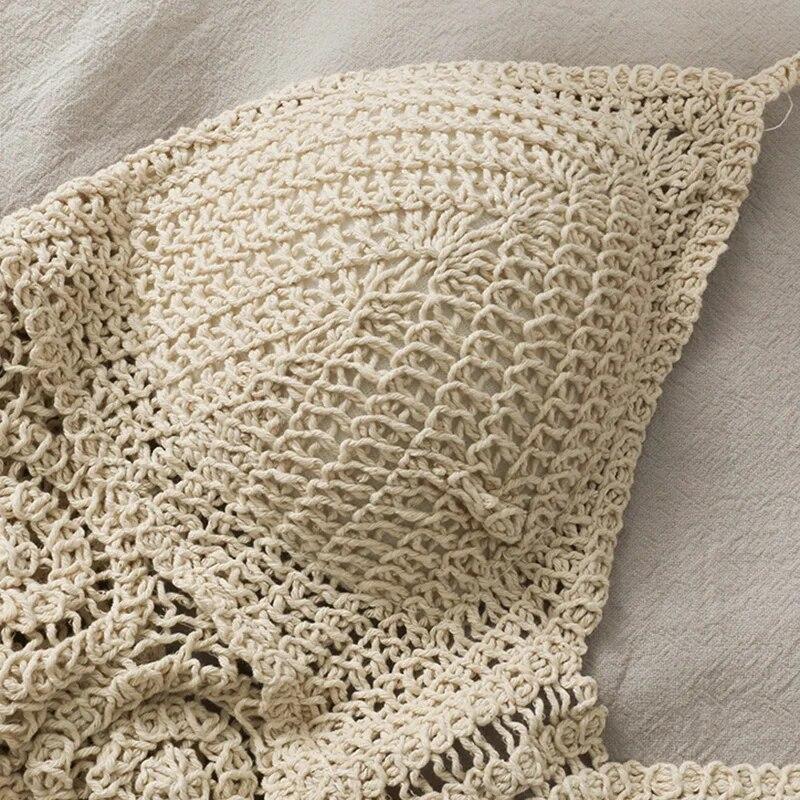 Сексуальный пляжный отдых в стиле бохо, камзол с лямкой на шее, женский вязаный купальник, бюстгальтер, жилет с открытой спиной, полые топы на бретелях с кисточками, женские укороченные топы