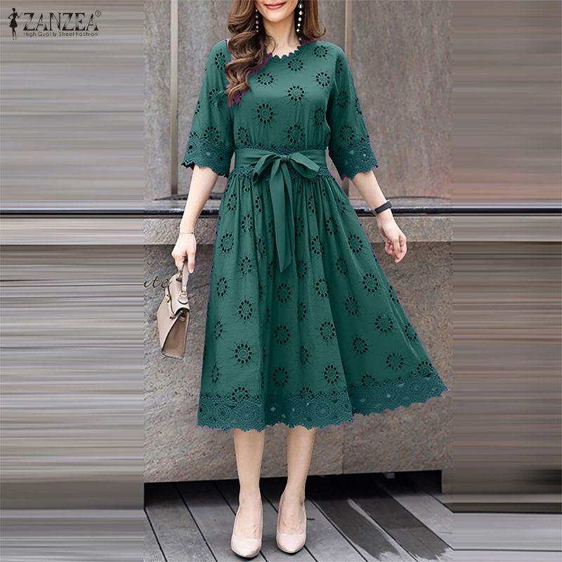 ZANZEA Женское повседневное платье с круглым вырезом, рукавом 3/4, свободное, лоскутное, с кружевом