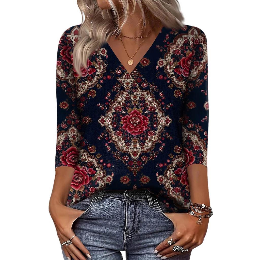 Женские рубашки с рукавом 3/4, топы с принтом и V-образным вырезом, повседневные топы, базовые футболки, блузки, свободные топы