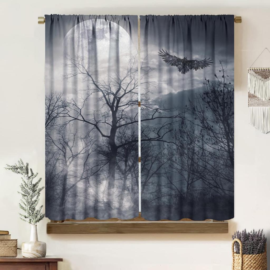 Gothic Dark Misty Forest Curtains, Mysterious Horror Foggy Dim Dead Jungle Under Strange Bright Moon,Thermal Insulation Blackout