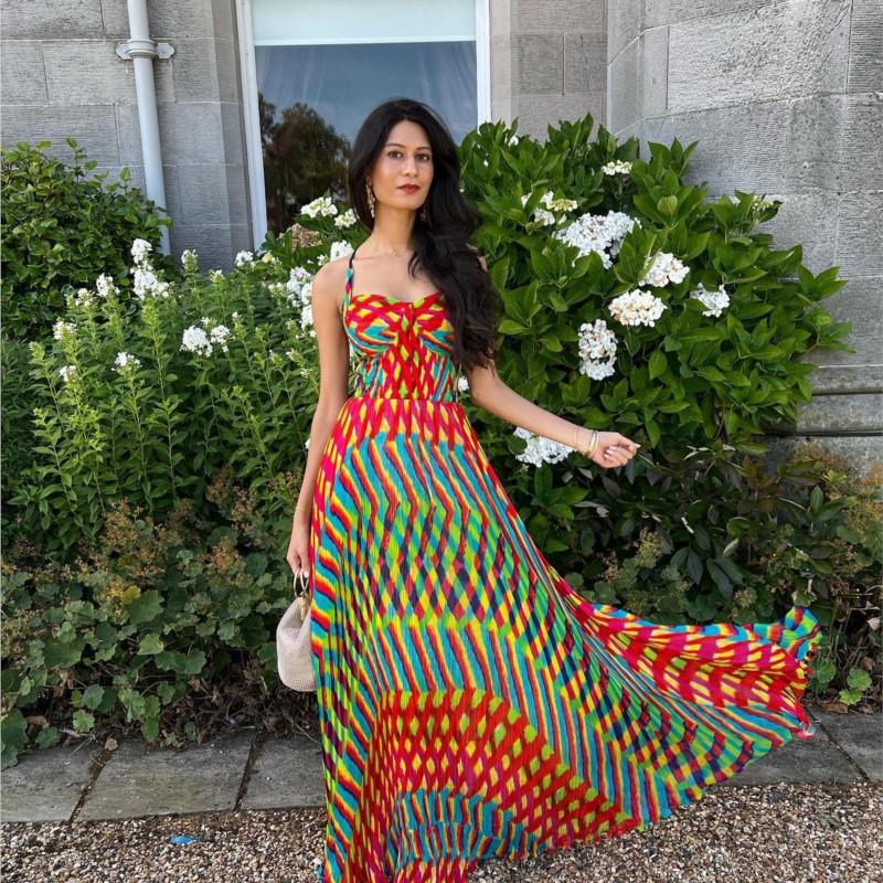 Контрастные платья-макси с принтом на бретельках для женщин, пляжное цветное свободное платье без рукавов с открытой спиной, летнее платье для отдыха