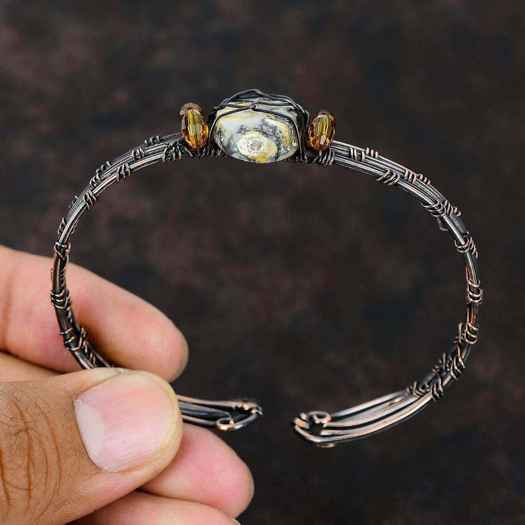 Браслет-манжета из яшмы Малигано, браслет с бусинами цитрина, браслет из медной проволоки, обернутый камнем, регулируемый браслет, браслет ручной работы, обернутый проволокой