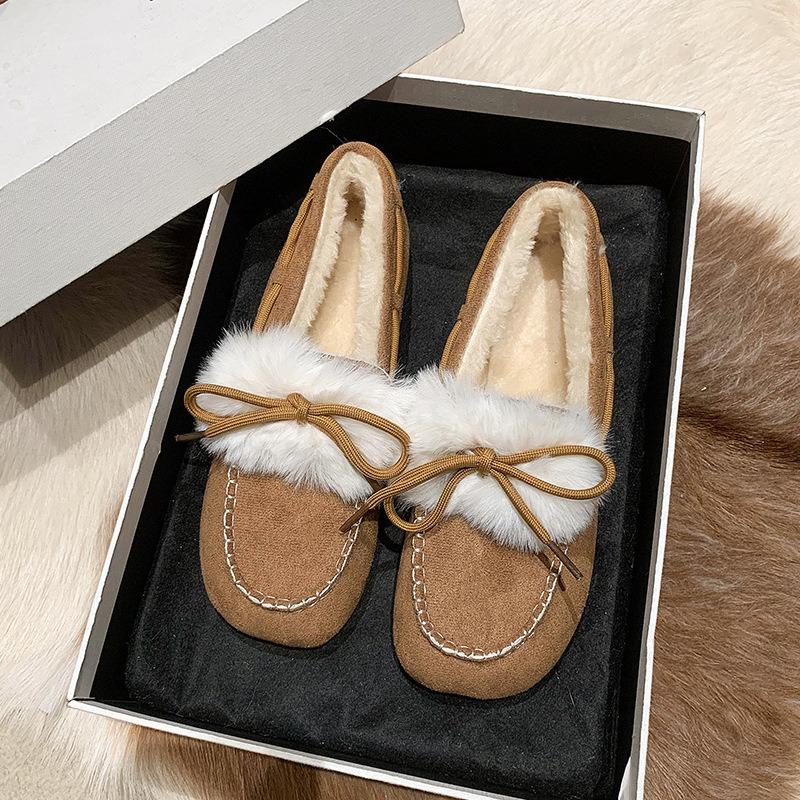 Меховые интегрированные туфли Doudou женские зимние бархатные новые универсальные на плоской подошве на толстой подошве на одном педале пушистые хлопковые туфли женские
