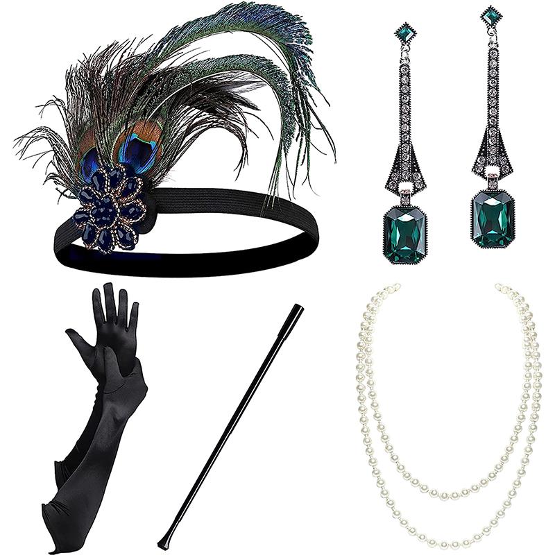 1 Set 1920'S Flapper Cosplay Costume Feather Headband Pearl Necklace Bracelet Stockings Long Glove Gatsby Masquerade Accessories