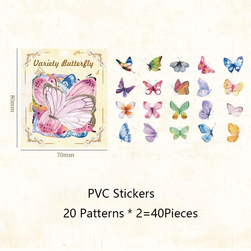 40pcs/pack PVC Materials Butterfly Stickers DIY Journling Supplies Art Collage Junk Journal Scrapbooking Label Stickers