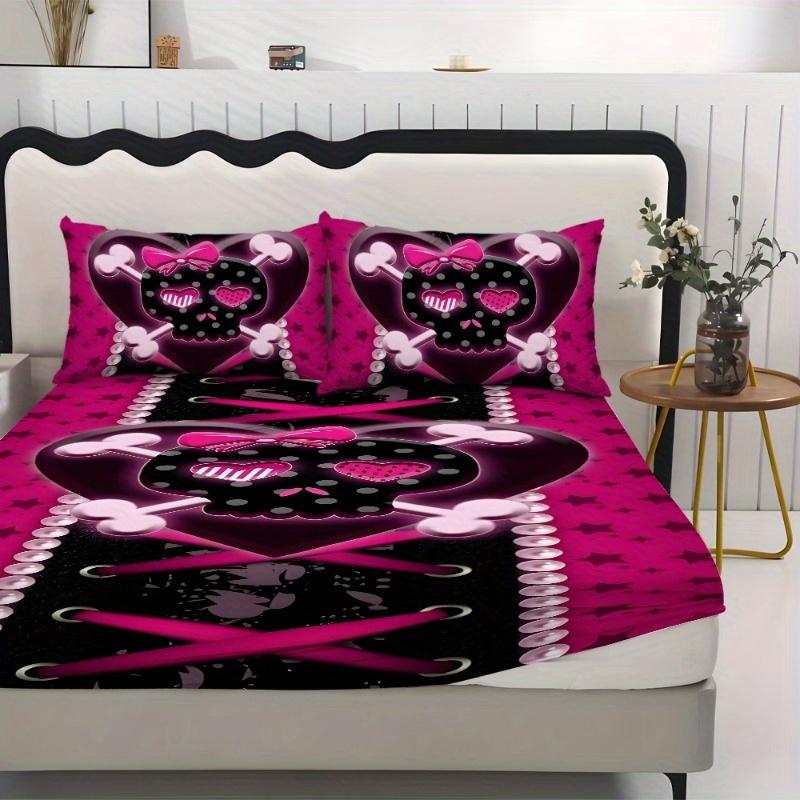 1pc Fitted Sheet Pink Purple Skull Heart 3D Print 100% Polyester Cover Breathable Bedding Set Home Decor without Pillowcases
